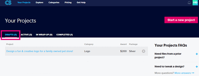 Projects saved as a draft