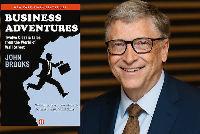 Bill Gates with Business Adventures book