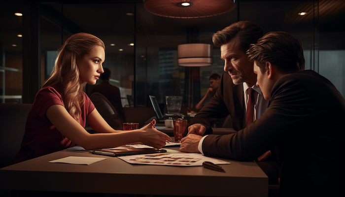 Woman negotiation at a table with two men