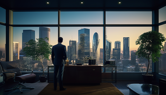 illustrations of an entrepreneur gazing over a city, contemplating their corporation