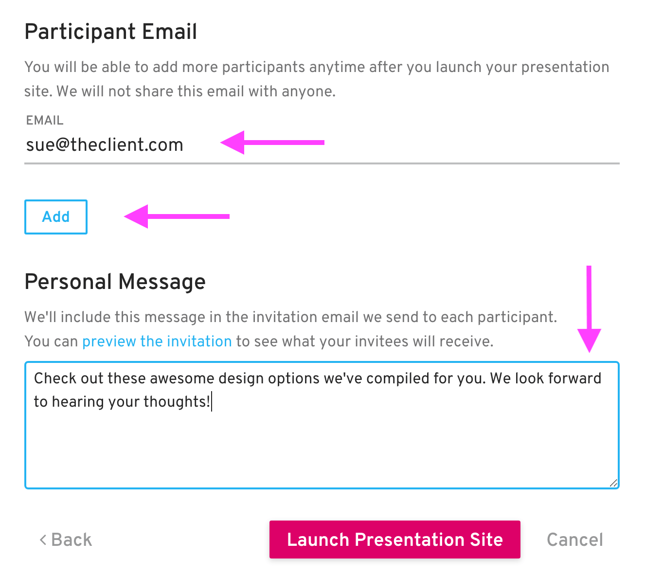 participants - custom message